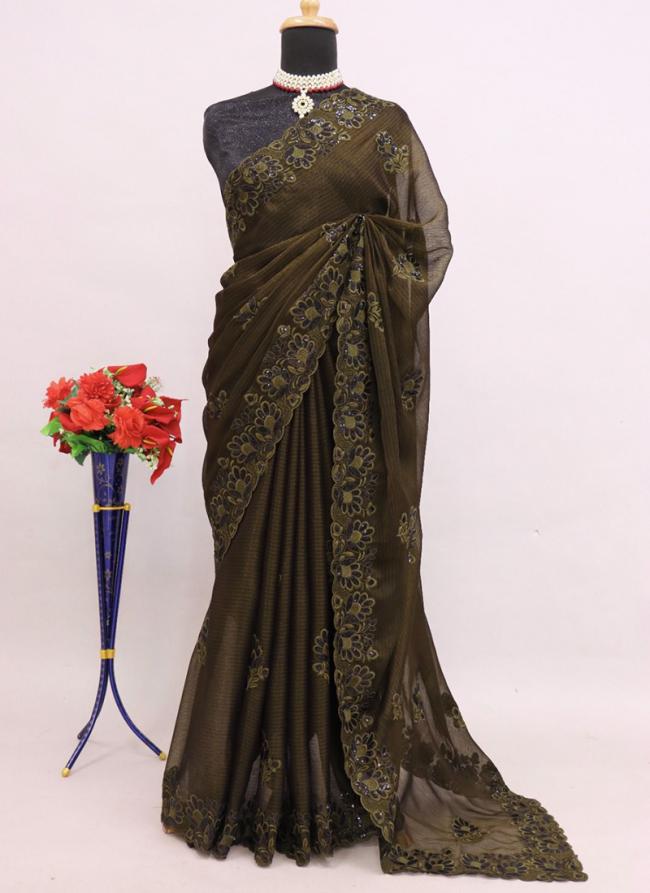 Chiffon Brown Wedding Wear Embroidery Work Saree